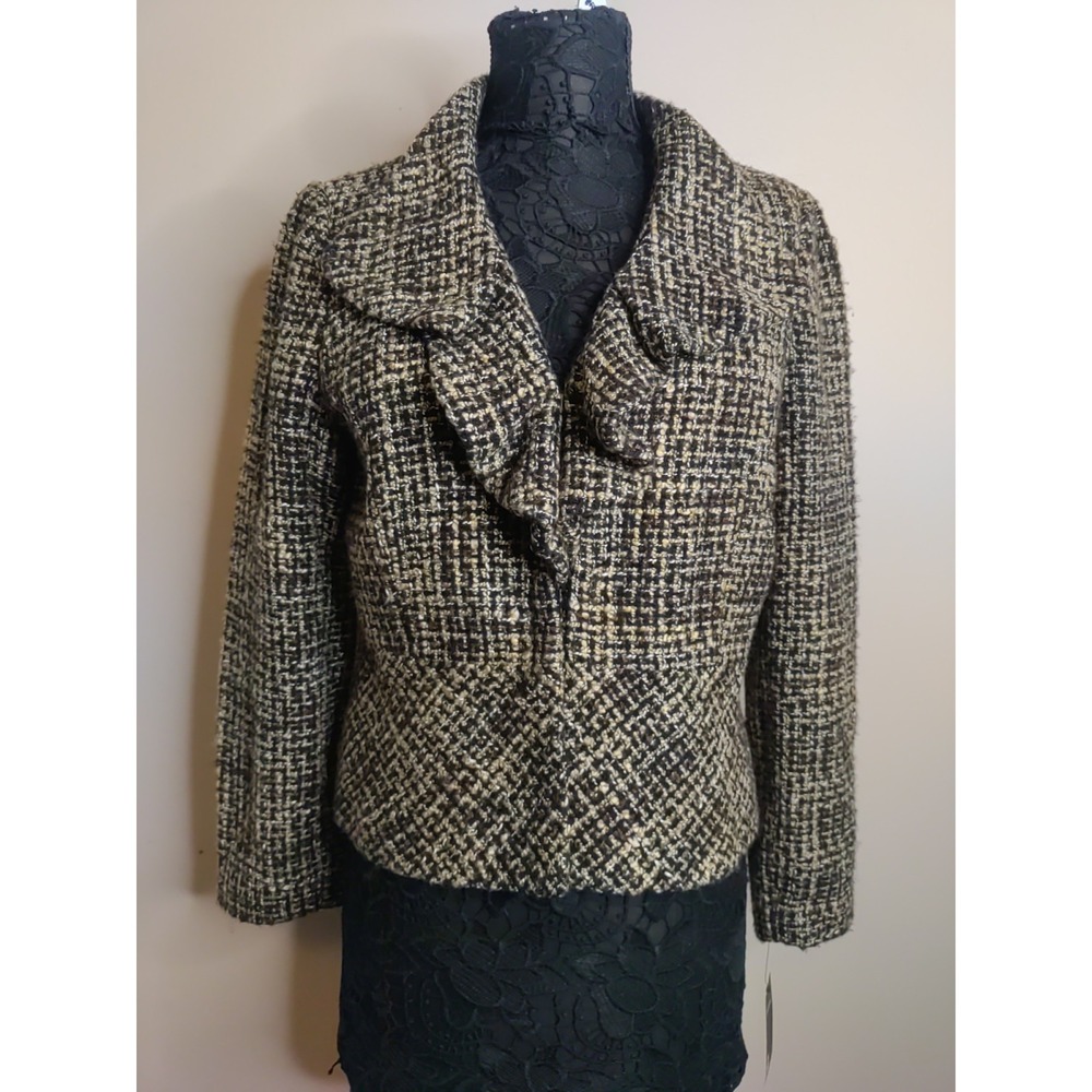 Rafaella Black Tan Brown Tweed Ruffled Neck Blazer Jacket‎ Size PL